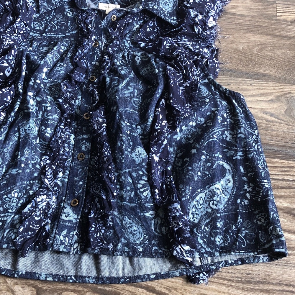 Pilcro Sleeveless Ruffle Denim Blouse Button Front Distressed Paisley - Picture 5 of 16